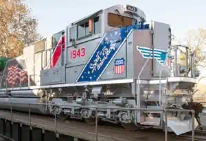 Photograph of an American-themed Union Pacific locomotive