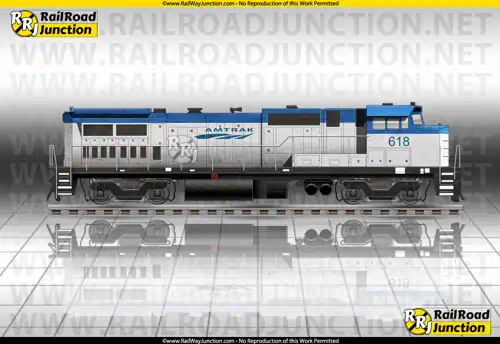 Illustration of a General Electric DASH 8 diesel-powered locomotive in AMTRAK livery